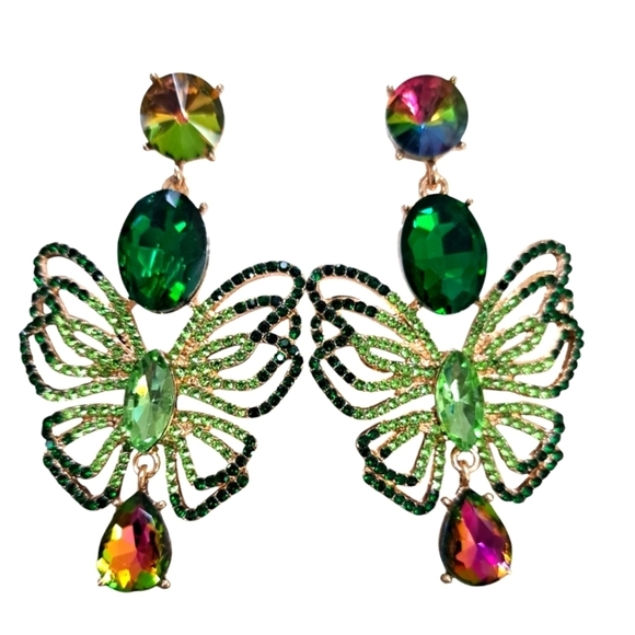 Butterfly Rhinestone Fashion Earrings Green Multicolored - Picture 1 of 1